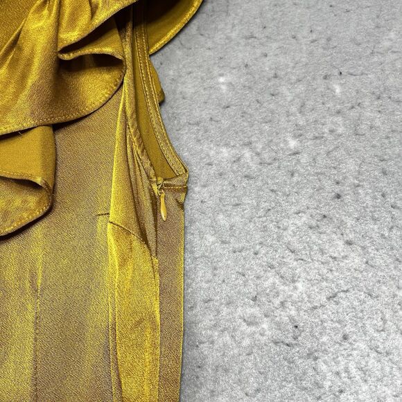 Anthropologie Seen Worn Kept Satin Ruffle Midi Dress 4 Gold Yellow Sleeveless - Picture 7 of 13